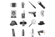 Detective icons set, gray monochrome