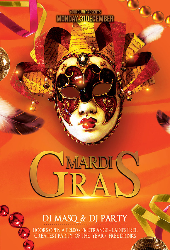 Masquerade Mardi Gras Party Flyer in Flyer Templates - product preview 3