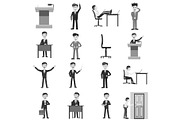 Businessman working action icons set