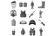 Military equipment icons set gray