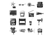 Cinema icons set, gray monochrome