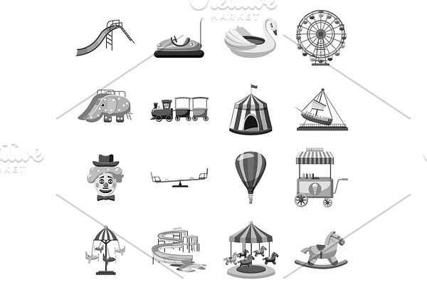 Amusement park icons set, gray