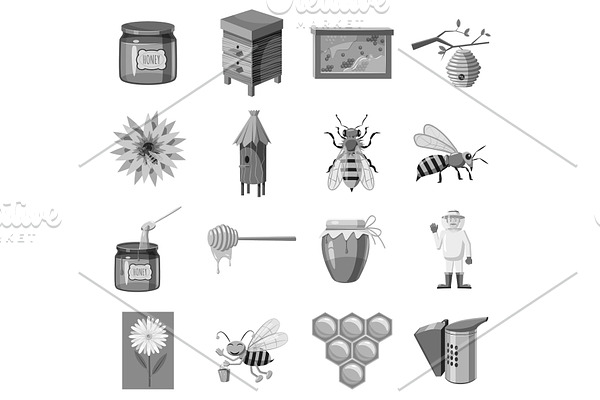 Apiary icons set, gray monochrome