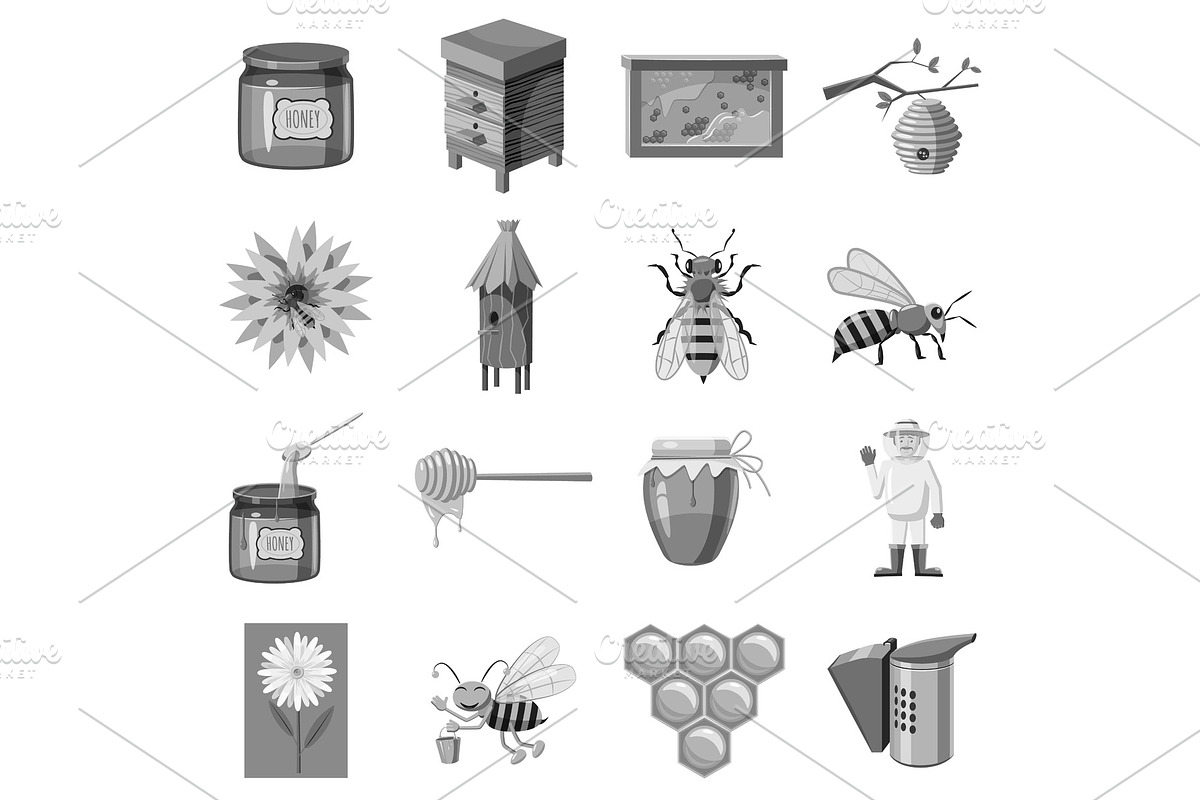 Apiary icons set, gray monochrome in Illustrations - product preview 8