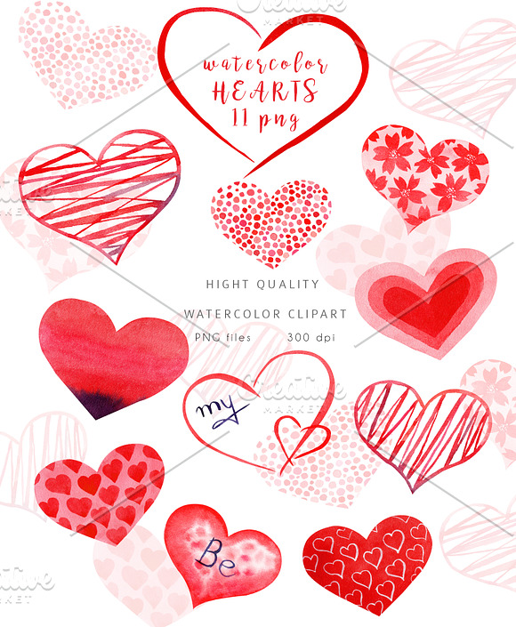 Watercolor Red Hearts Collection in Illustrations - product preview 1