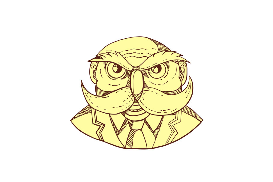Angry Owl Man Mustache Doodle Color