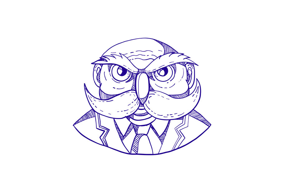 Angry Owl Man Mustache Doodle