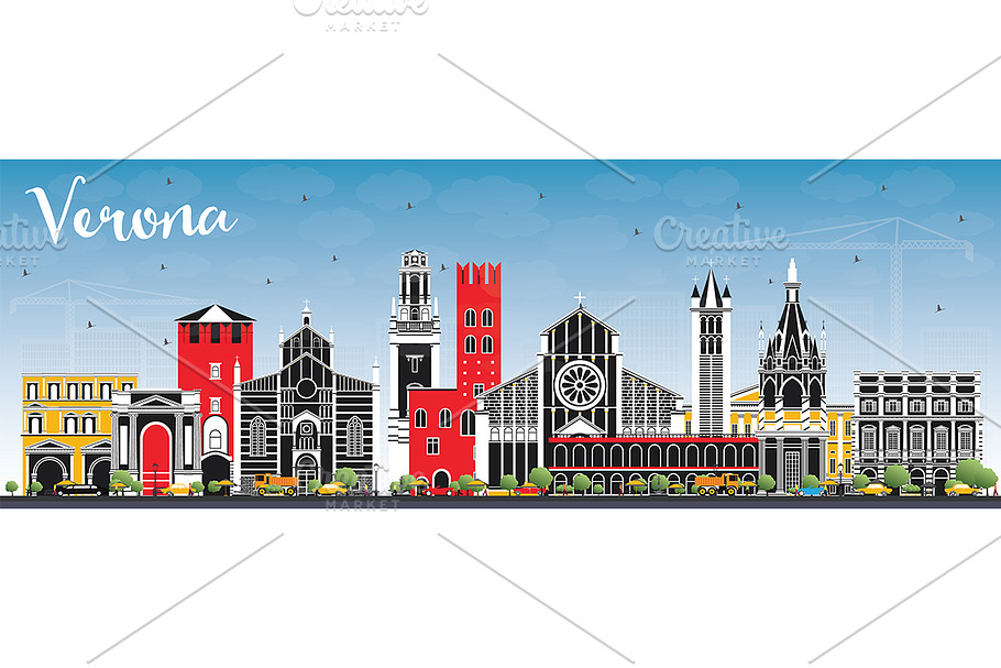 Verona Italy City Skyline with Color in Illustrations - product preview 8