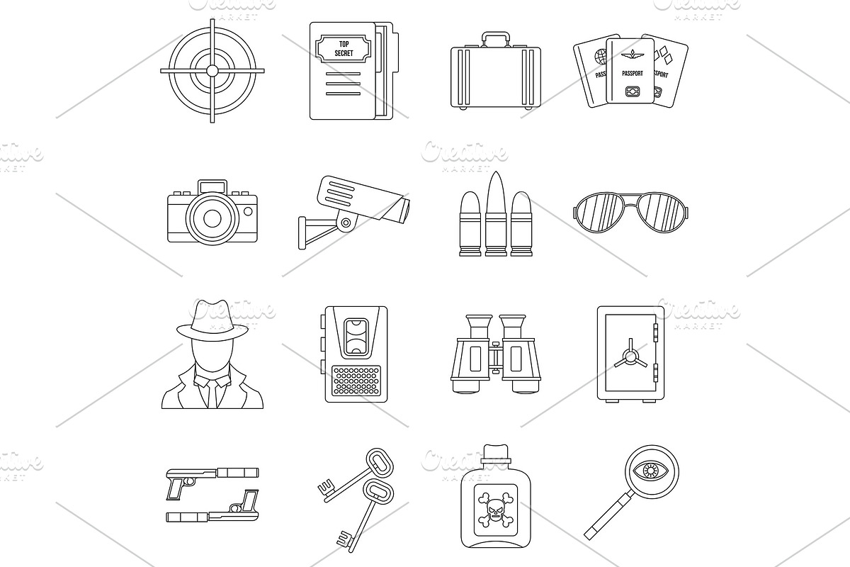 Spy tools icons set, outline style in Illustrations - product preview 8