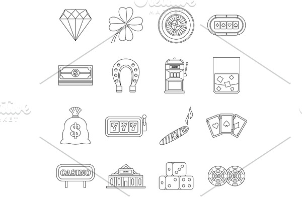 Casino icons set, outline style