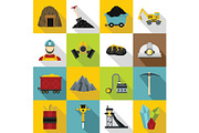 Miner icons set, flat style
