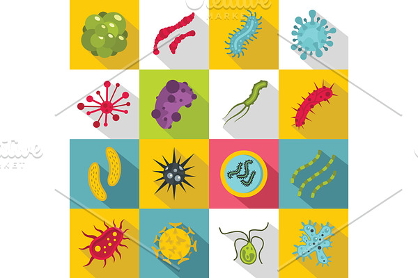 Virus bacteria icons set, flat style