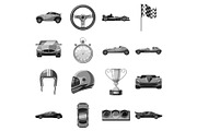 Car racing icons set, gray