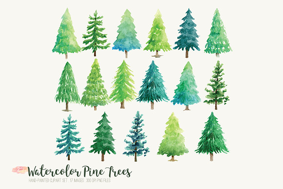 Watercolor Pine Trees Clip Art in Illustrations - product preview 1