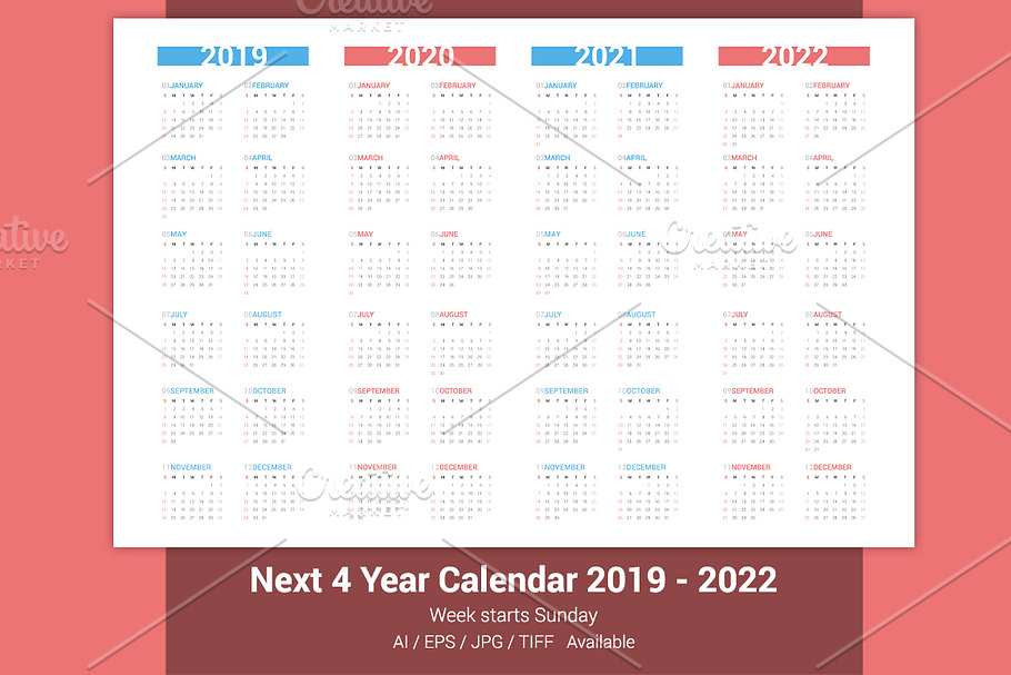 Calendar for next 4 years 2019-2022 in Stationery Templates - product preview 8