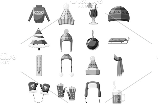 Winter clothes icons set, gray