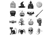Halloween icons set, gray monochrome