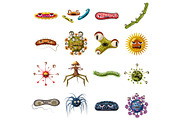 Virus bacteria faces icons set