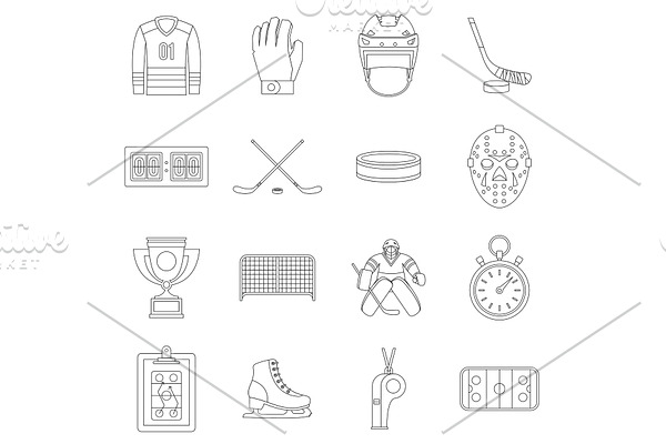 Hockey icons set, outline style
