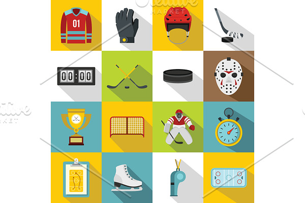 Hockey icons set, flat style