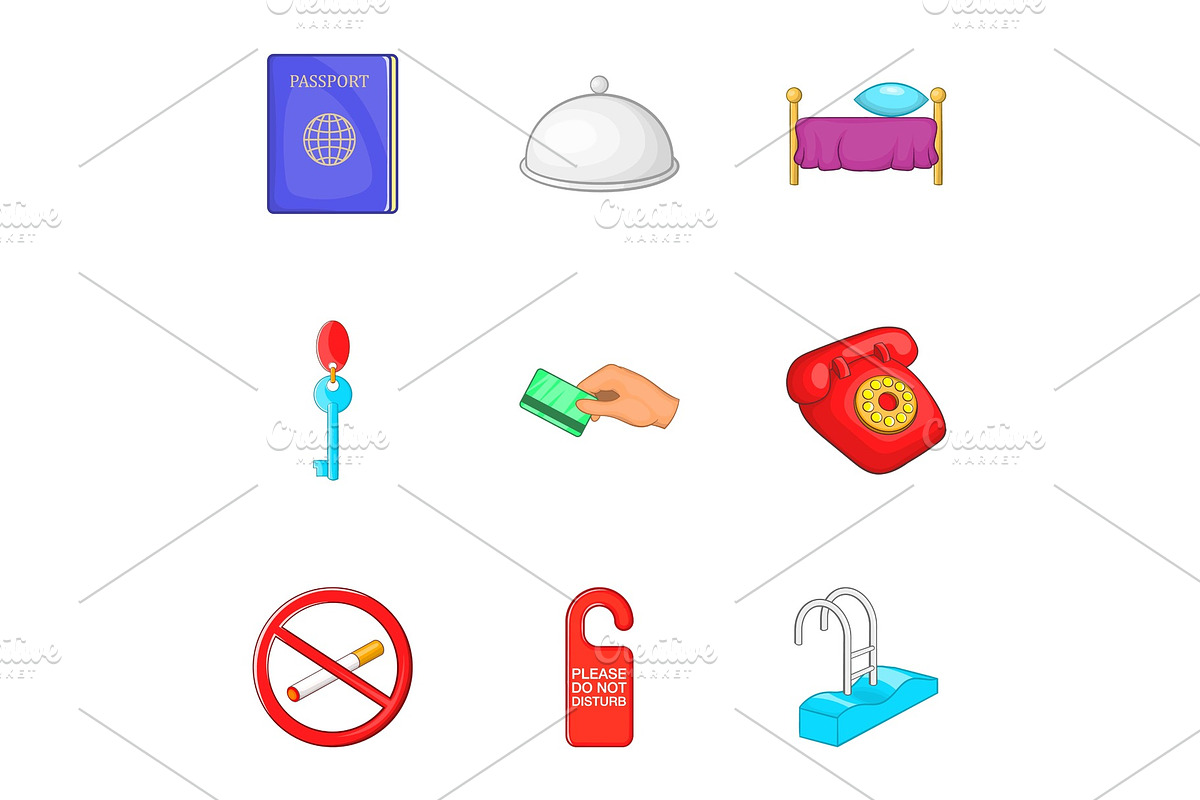 Hostel icons set, cartoon style in Objects - product preview 8