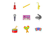 Musical device icons set, cartoon