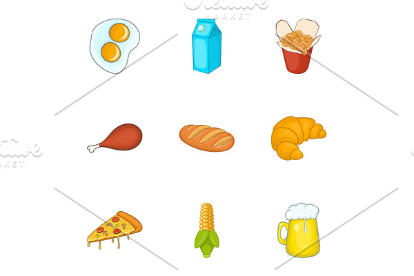 Unhealthy food icons set, cartoon