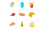 Unhealthy food icons set, cartoon