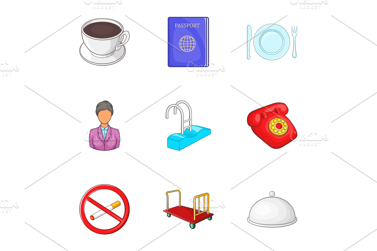 Hotel icons set, cartoon style in Objects - product preview 8