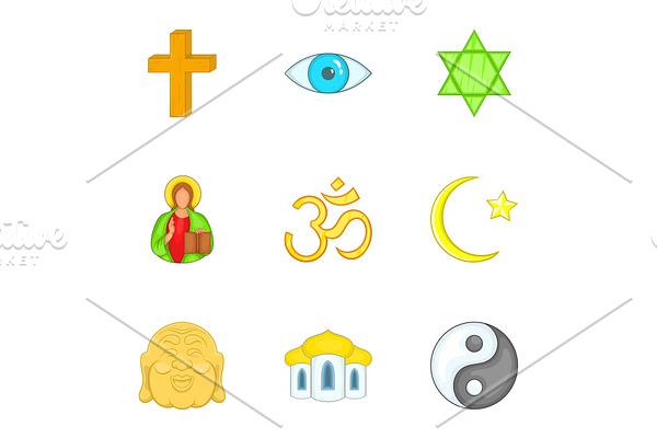 Religion icons set, cartoon style