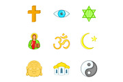 Religion icons set, cartoon style