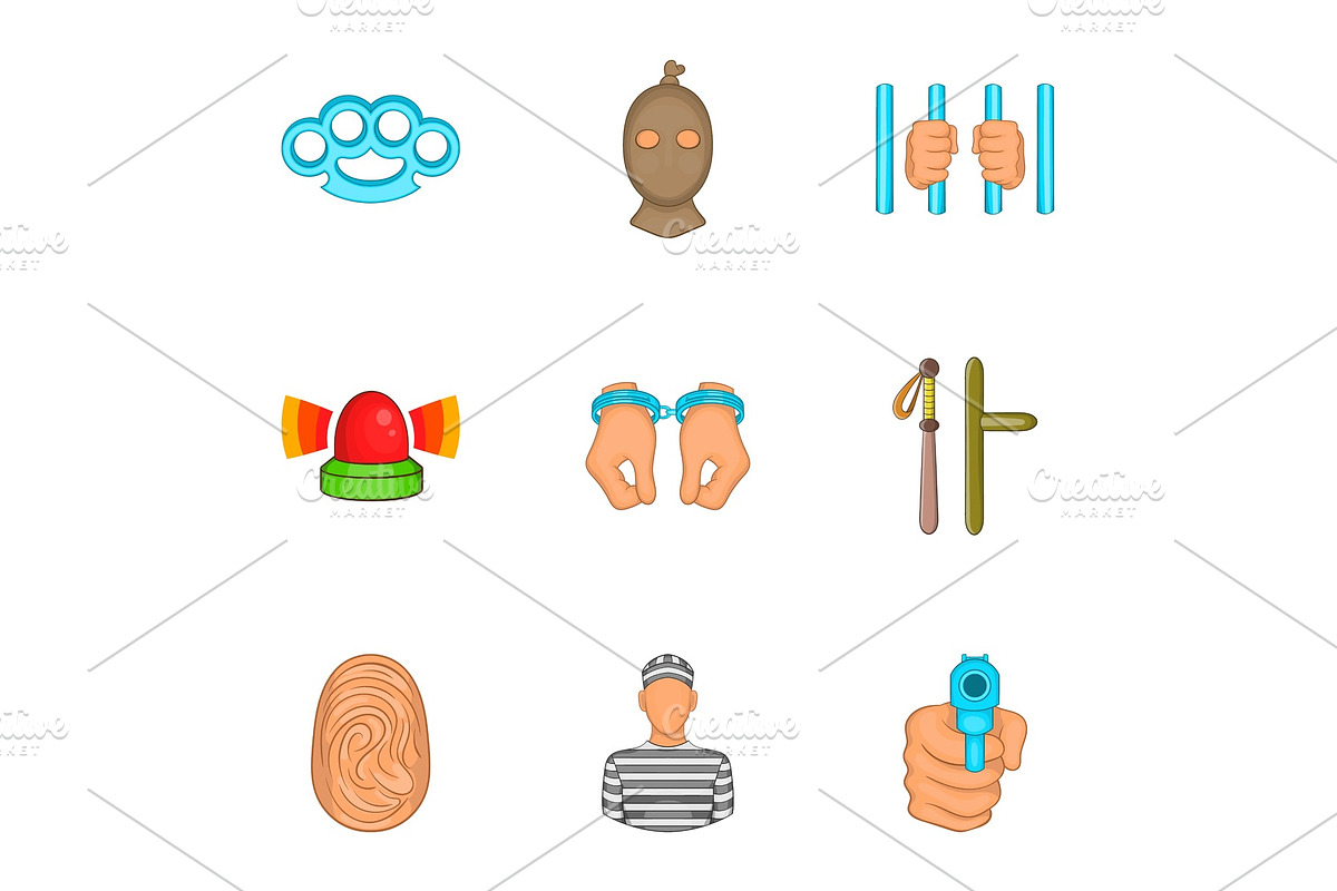 Lawlessness icons set, cartoon style in Objects - product preview 8