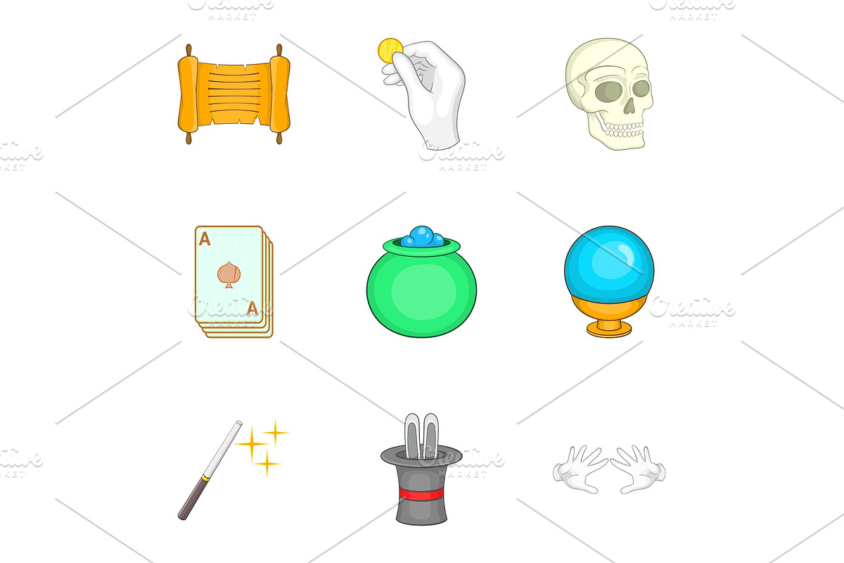 Magic icons set, cartoon style in Objects - product preview 8