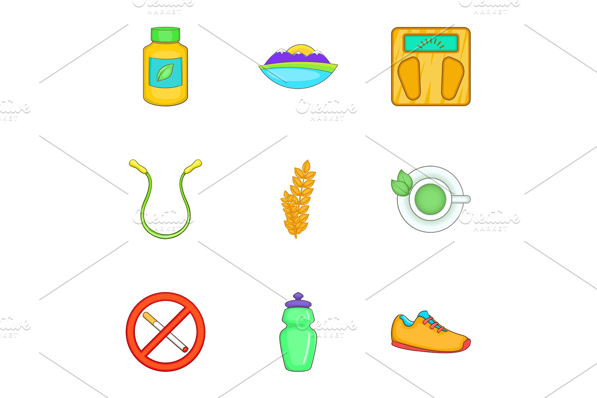 Fitness icons set, cartoon style in Objects - product preview 8