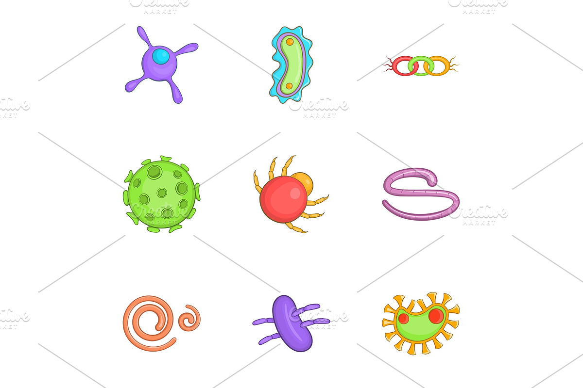 Bacteria icons set, cartoon style in Objects - product preview 8