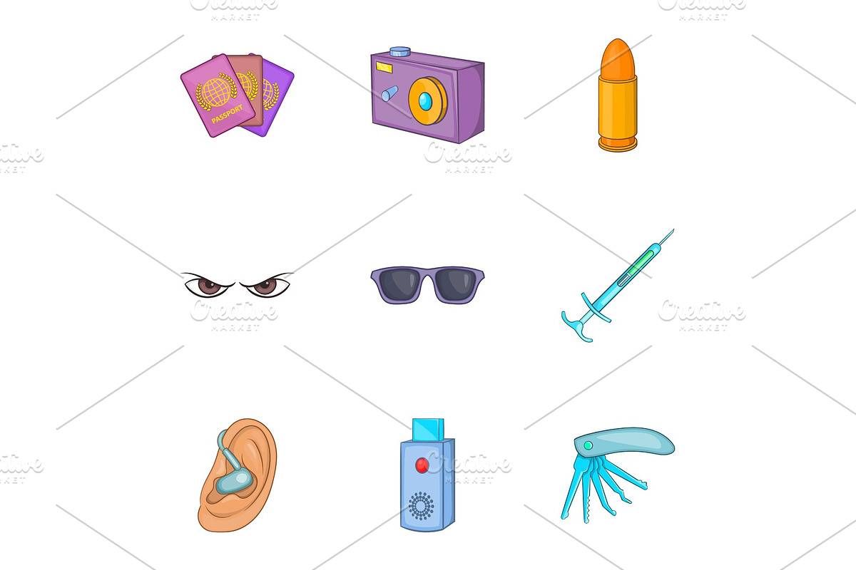 Spying icons set, cartoon style in Objects - product preview 8