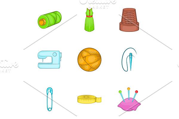 Tools for sewing dresses icons set