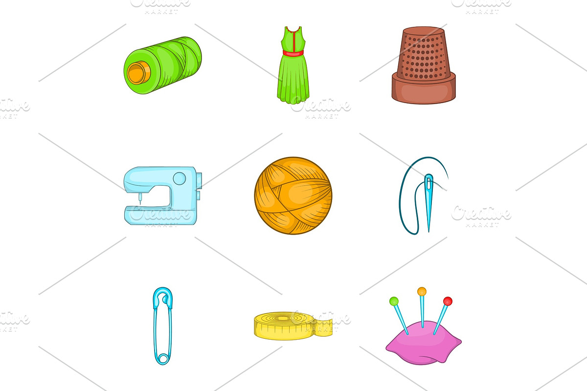Tools for sewing dresses icons set in Objects - product preview 8