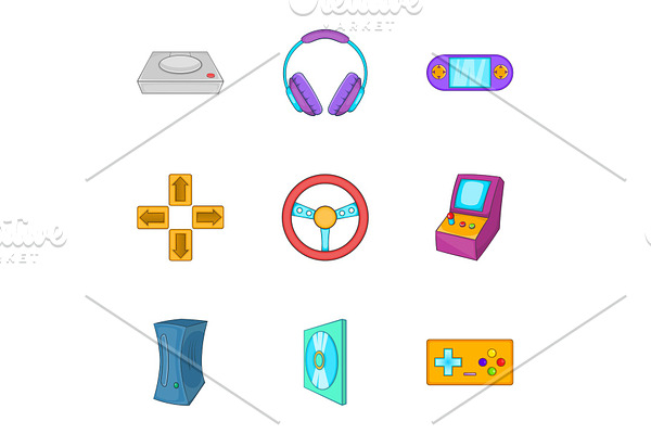Game console icons set, cartoon
