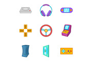 Game console icons set, cartoon