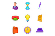 Time management icons set, cartoon