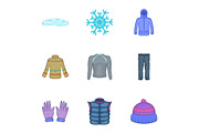 Warm clothes icons set, cartoon