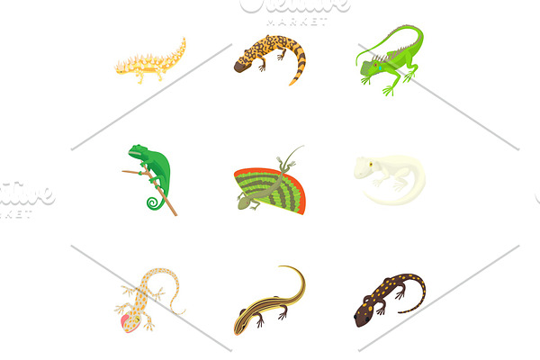 Iguana icons set, cartoon style