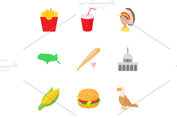 Tourism in USA icons set, cartoon