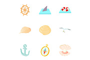 Ocean icons set, cartoon style