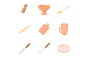 Kitchenware icons set, cartoon style