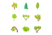 Trees icons set, cartoon style