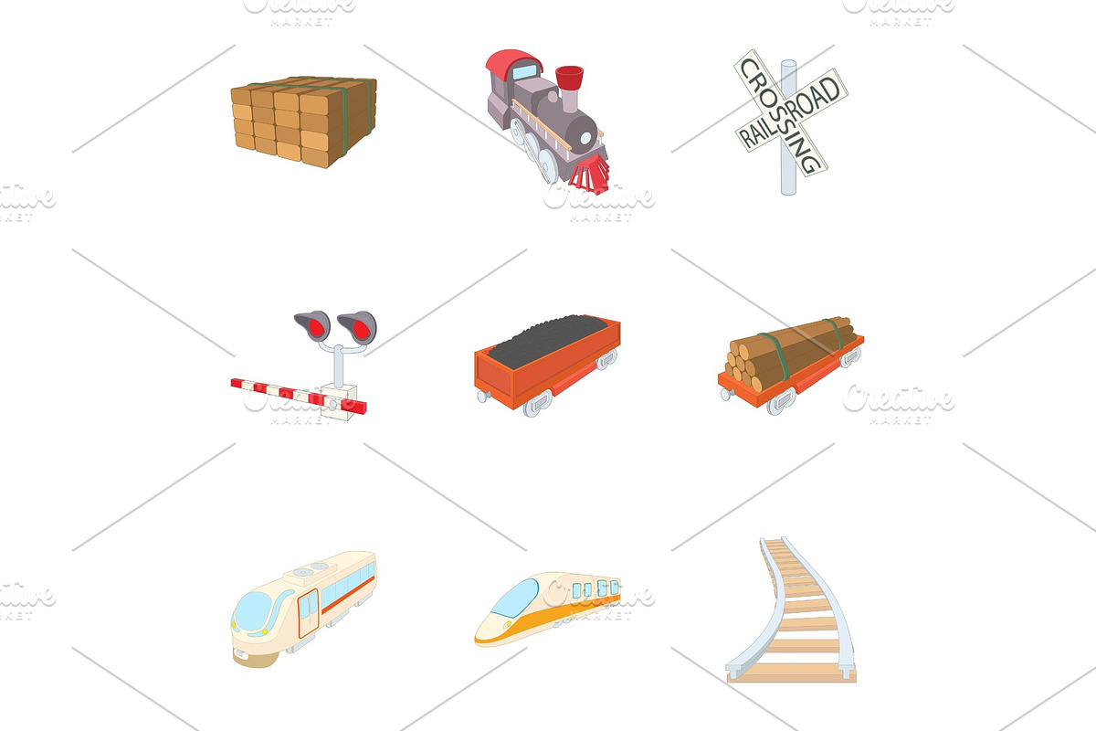 Railroad icons set, cartoon style in Objects - product preview 8
