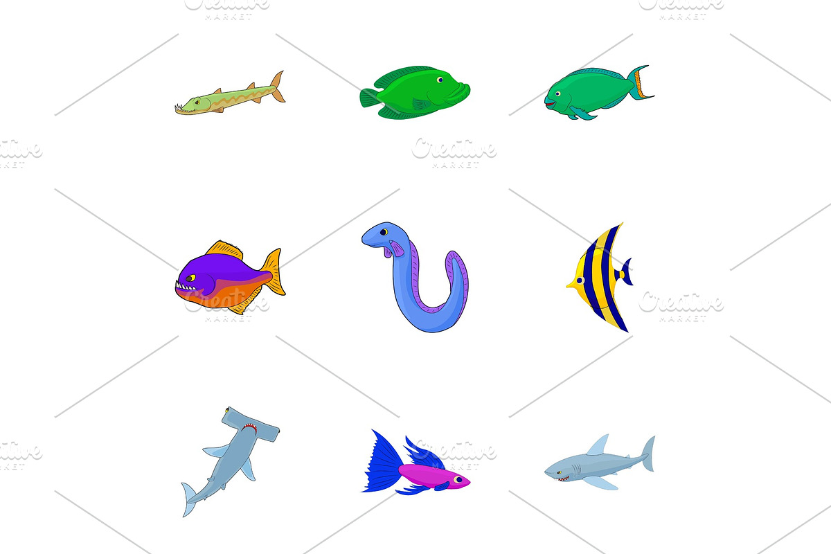 Tropical fish icons set, cartoon in Illustrations - product preview 8