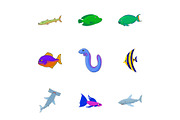 Tropical fish icons set, cartoon